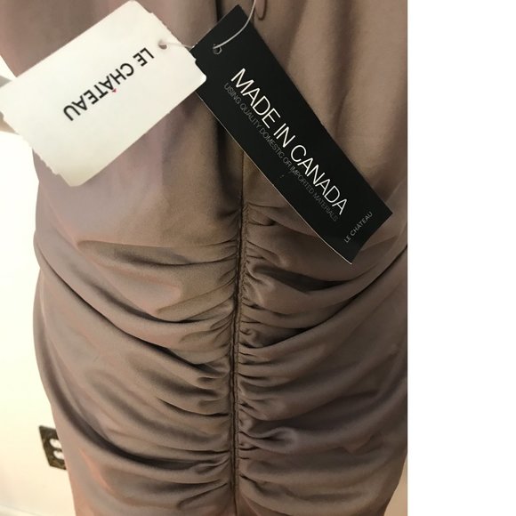 Le Chateau Chocolate Grey Gold Formal Cocktail Drape Halter Neck Bodycon Dress - Picture 6 of 6